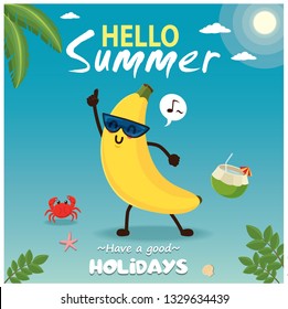 Vintage summer poster design with vector banana characters.