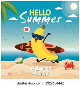 Vintage summer poster design with vector banana & surfboard characters.