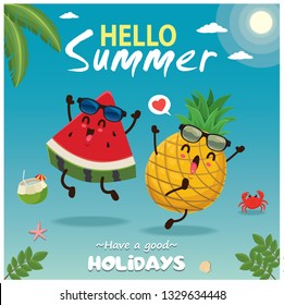 Vintage summer poster design with vector watermelon & pineapple characters.