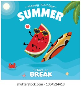 Vintage summer poster design with vector watermelon, surfboard & sunglasses characters.