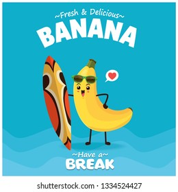 Vintage summer poster design with vector banana & surfboard character. 