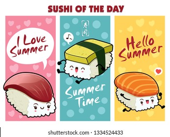 Diseño vintage de afiches de verano con vectores hokkigai, sake, personajes de tamago. En chino significa Sushi.