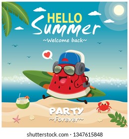 Vintage summer poster design with vector watermelon & surfboard characters.