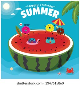 Vintage summer poster design with vector donuts, watermelon, surfboard & sunglasses, characters.