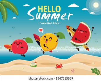 Vintage summer poster design with vector watermelon, peach, apple & surfboard characters.