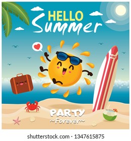 Vintage summer poster design with vector sun, surfboard, luggage characters.