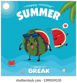 Vintage summer poster design with vector watermelon characters.