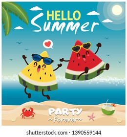 Vintage summer poster design with vector watermelon characters.