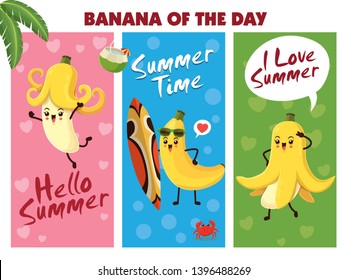 Vintage summer poster design with vector banana & surfboard character. 