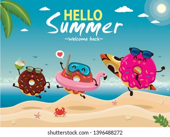 Vintage summer poster design with vector donuts characters.