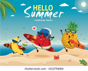 Vintage summer poster design with vector watermelon, pineapple, banana & surfboard characters.