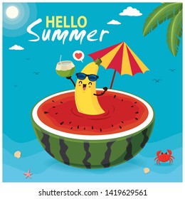 Vintage summer poster design with vector banana, watermelon & sunglasses characters.