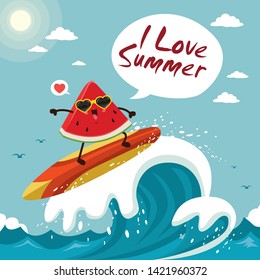 Vintage summer poster design with vector watermelon & surfboard characters.