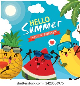 Vintage summer poster design with vector watermelon, pineapple, banana & surfboard characters.