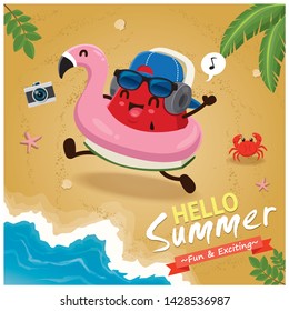 Vintage summer poster design with vector watermelon, sunglasses characters.