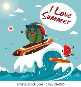 Vintage summer poster design with vector watermelon & sunglasses characters.