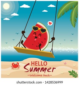 Vintage summer poster design with vector watermelon, sunglasses characters.