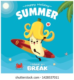 Vintage summer poster design with vector banana & surfboard character.