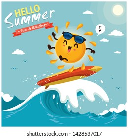 Vintage summer poster design with vector sun, surfboard & sunglasses characters.