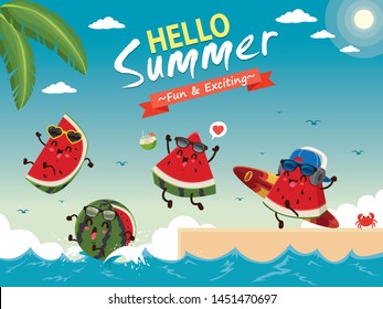 Vintage summer poster design with vector watermelon & surfboard characters.