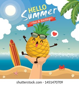 Vintage summer poster design with vector pineapple & sunglasses characters.