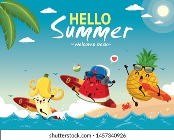 Vintage summer poster design with vector watermelon, banana, pineapple & surfboard characters.