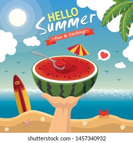 Vintage summer poster design with vector watermelon & sunglasses characters.