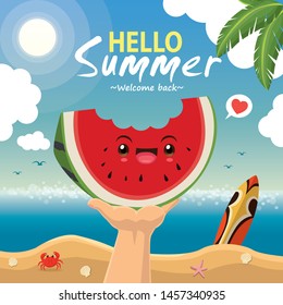 Vintage summer poster design with vector watermelon & sunglasses characters.