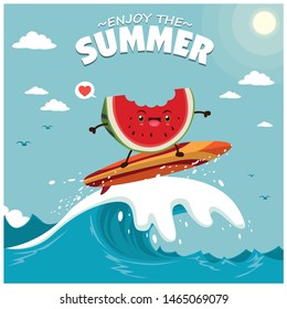 Vintage summer poster design with vector watermelon & surfboard characters.