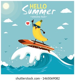 Vintage summer poster design with vector banana & surfboard characters.