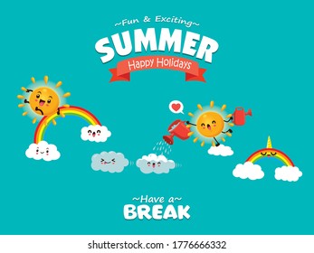 Vintage summer poster design with vector sun, clouds, rainbow characters.