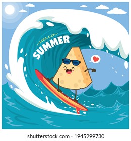 Vintage summer poster design with vector cheese and surfboard characters.