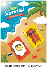 Vintage summer poster design with vector bacon and egg character.