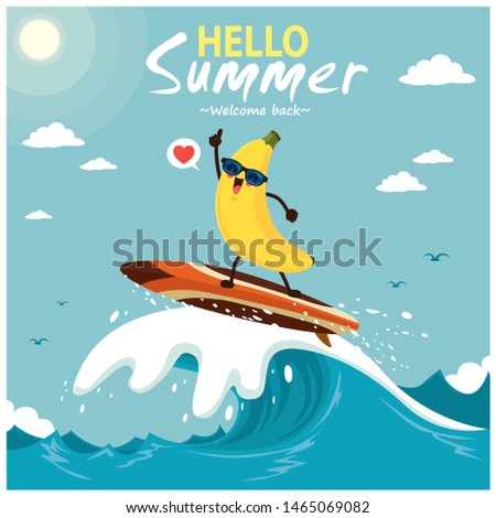 Vintage summer poster design with vector banana & surfboard characters.