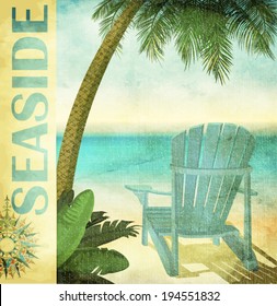 Vintage Summer Poster, with faded lounge chair and palm tree on a sandy beach