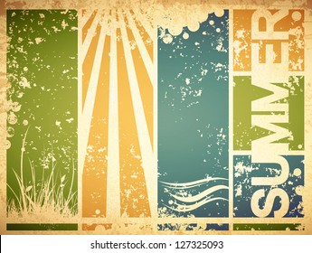 Vintage Summer Poster With Grass, Sun And Water