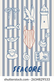 Vintage summer poster with hand-drawn sea elements. Lighthouse, shells, fish, seagulls, bathing suit. Red, blue on striped background. Vector a4 card. Perfect coastal interior decor, party invitation
