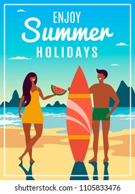 Vintage summer poster with illustration of couple with surfboard. Vector sea beach, woman and man couple with surfin board