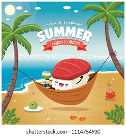 Vintage Summer poster with Maguro sushi character, sleeping net, palm tree.