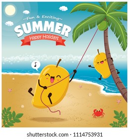 Vintage Summer poster with mango character, palm tree.