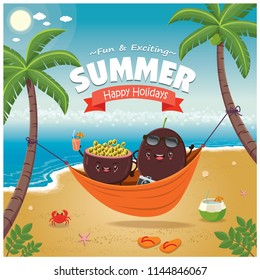 Vintage Summer poster with passion fruit character, sleeping net, palm tree.