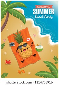 Vintage Summer poster with pineapple character, palm tree.