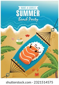 Vintage Summer poster with Sake sushi character, sleeping net, palm tree.