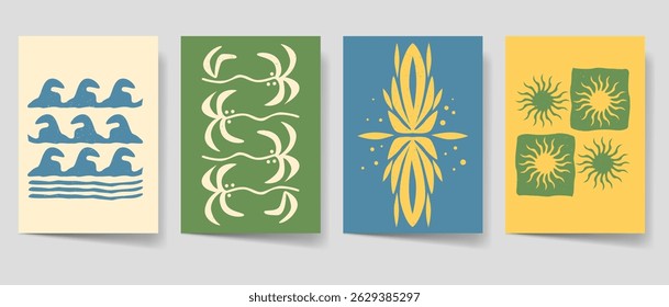 Vintage summer poster set, Flyer bohemian style for print. Beach poster template bundle. Mid century graphic collection