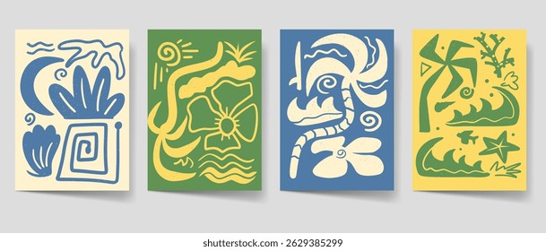 Conjunto de cartazes de verão vintage, estilo boêmio Flyer para impressão. Pacote de modelo de cartaz de praia. Coleção gráfica de meados do século