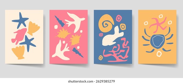 Vintage summer poster set, Ocean animal flyer bohemian style for print. Beach poster template bundle. Mid century graphic collection