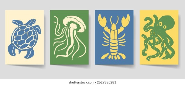 Vintage summer poster set, Ocean animal flyer bohemian style for print. Beach poster template bundle. Mid century graphic collection

Keywords language: English