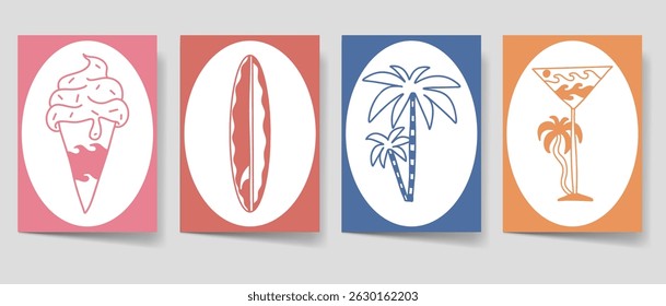 Vintage summer poster set. Paradise beach bohemian illustration style for print, wall art. Minimalist boho illustration vector collection. Retro summer cover bundle. 