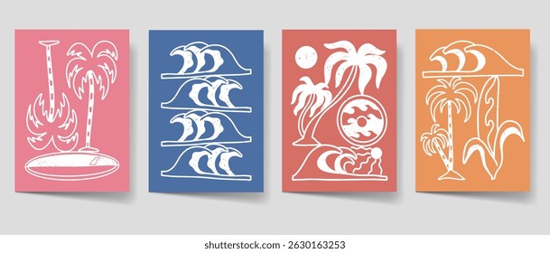 Vintage summer poster set. Paradise beach bohemian illustration style for print, wall art. Minimalist boho illustration vector collection. Retro summer cover bundle. 