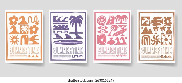 Vintage summer poster set. Surfing paradise beach bohemian illustration style for print, wall art. Minimalist boho illustration vector collection. Retro summer cover bundle. 